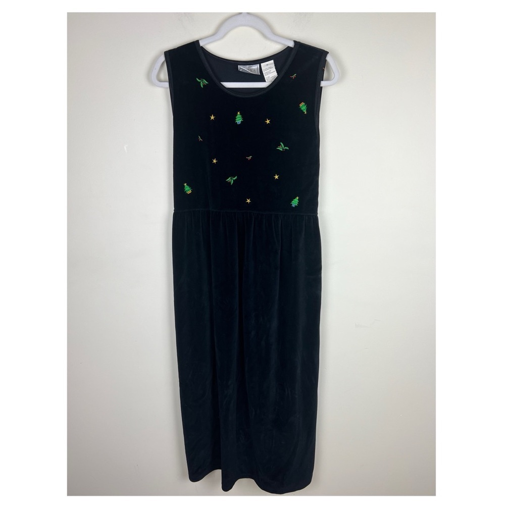 Erika Studio | Vintage 80s 90s Velvet Christmas Embroidered Black Dress | L/XL